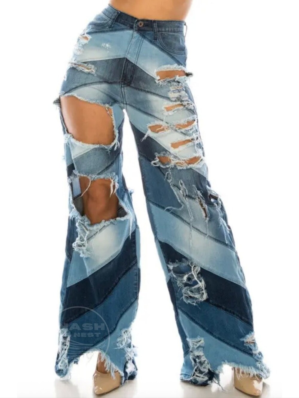 Fashion Nova Two-Tone Chevron Distressed Wide-Leg Jeans. NWT Size 3